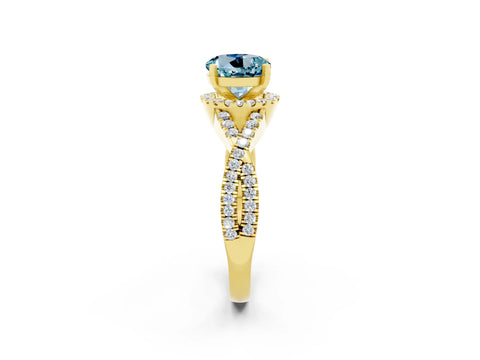 Yellow gold Round Cut Aquamarine Halo Twist Band Solitaire Prong Setting Ring_2