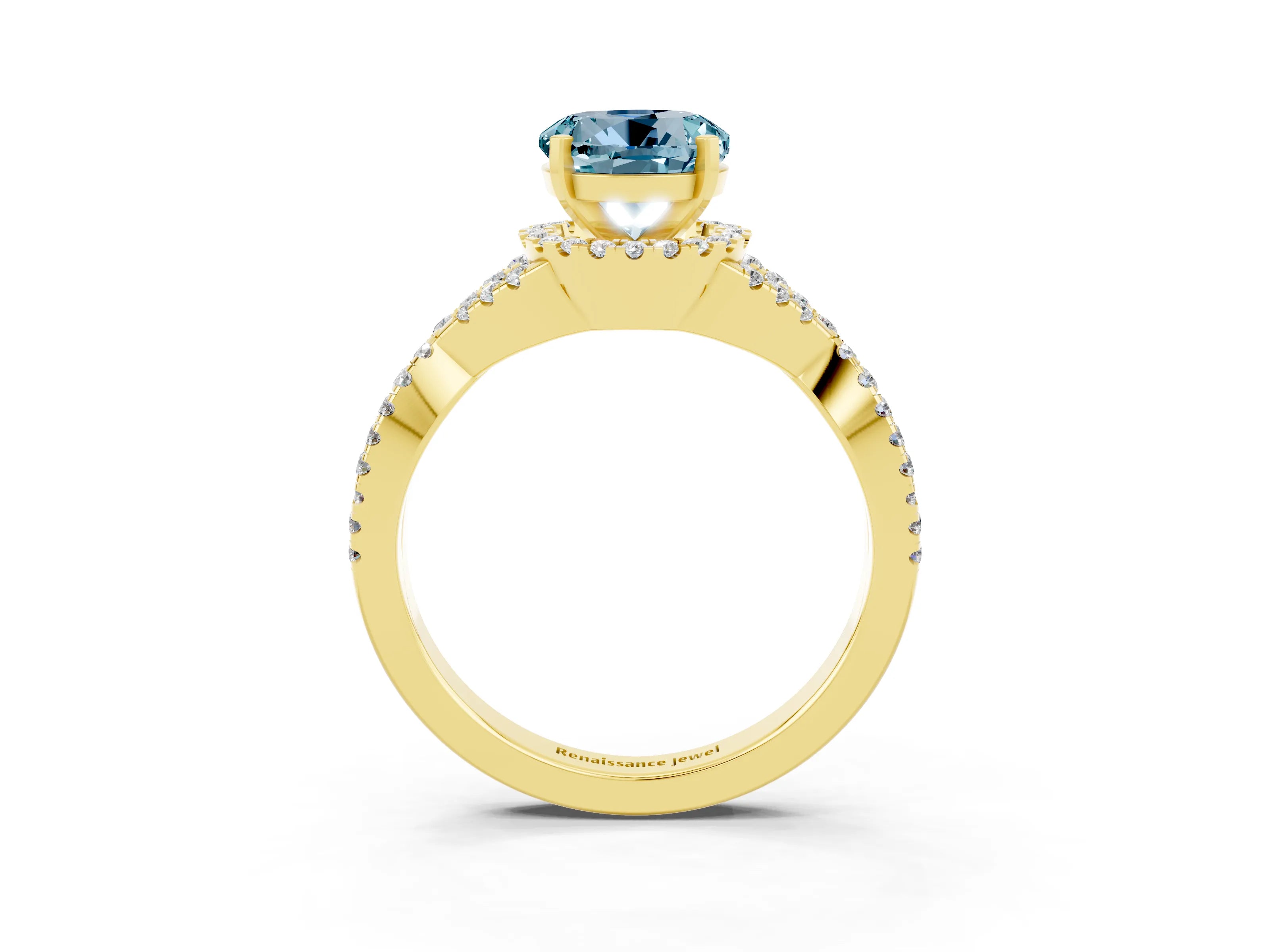Yellow gold Round Cut Aquamarine Halo Twist Band Solitaire Prong Setting Ring_3