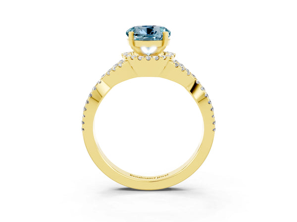 Yellow gold Round Cut Aquamarine  Halo Twist Band Solitaire Prong Setting Ring