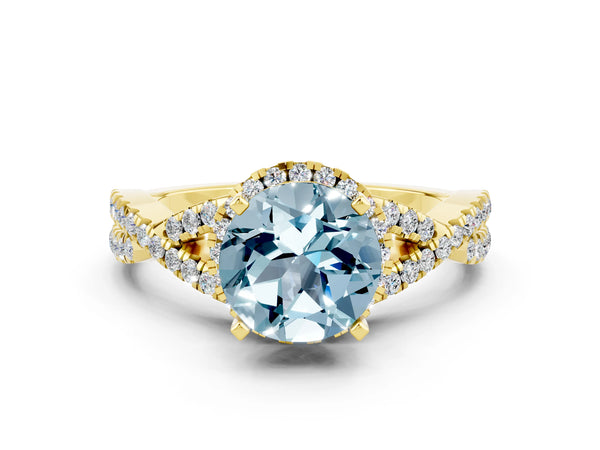 Yellow gold Round Cut Aquamarine  Halo Twist Band Solitaire Prong Setting Ring