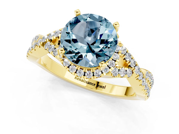 Yellow gold Round Cut Aquamarine  Halo Twist Band Solitaire Prong Setting Ring