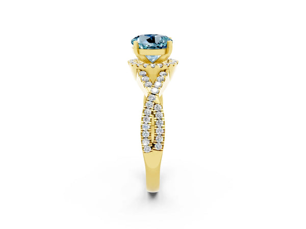 Yellow gold Round Cut Aquamarine  Halo Twist Band Solitaire Prong Setting Ring