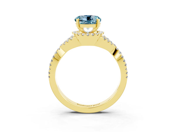 Yellow gold Round Cut Aquamarine  Halo Twist Band Solitaire Prong Setting Ring