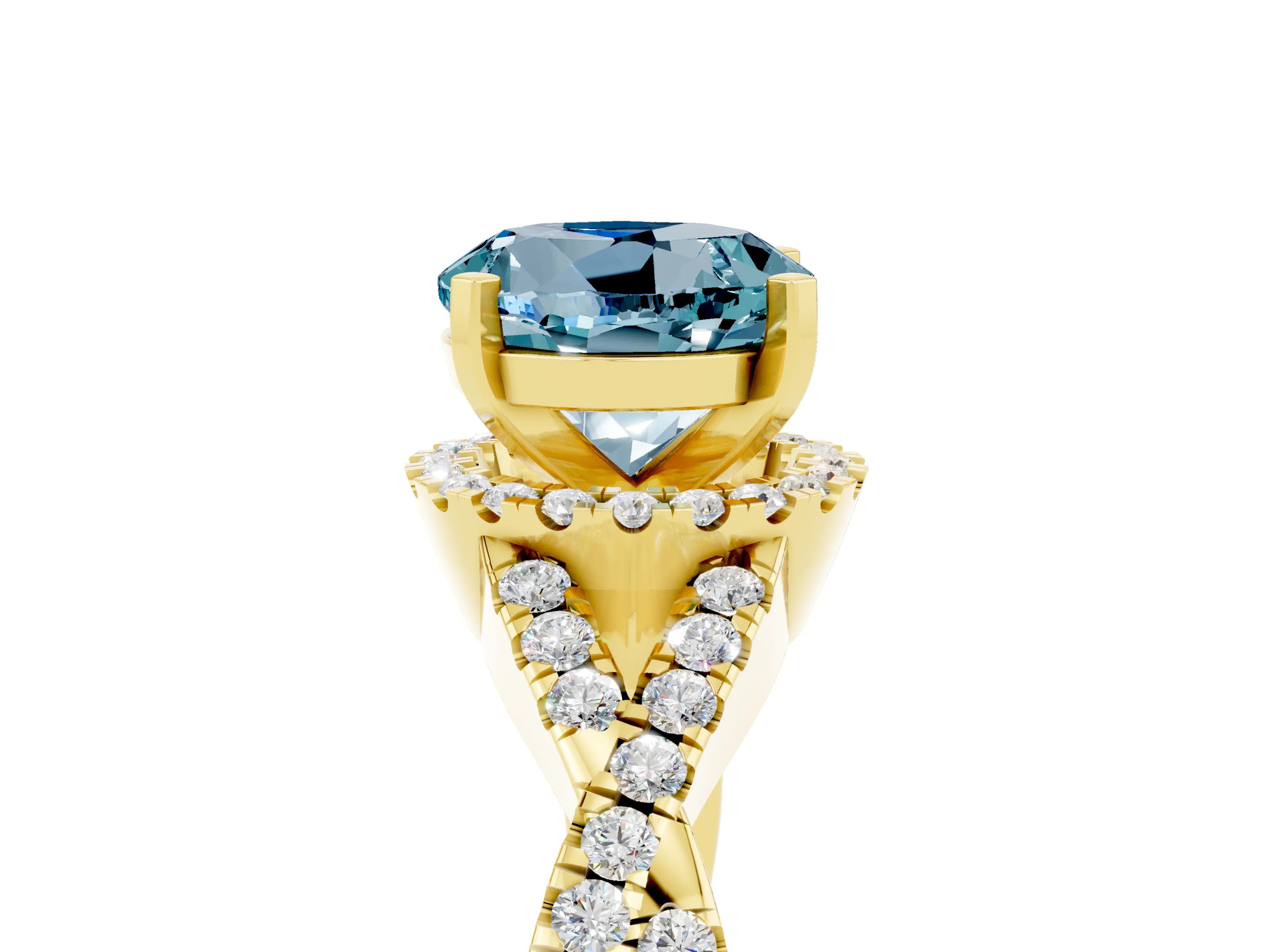 Yellow gold Round Cut Aquamarine Halo Twist Band Solitaire Prong Setting Ring_5
