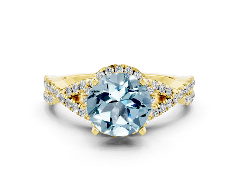 Yellow gold Round Cut Aquamarine Halo Twist Band Solitaire Prong Setting Ring