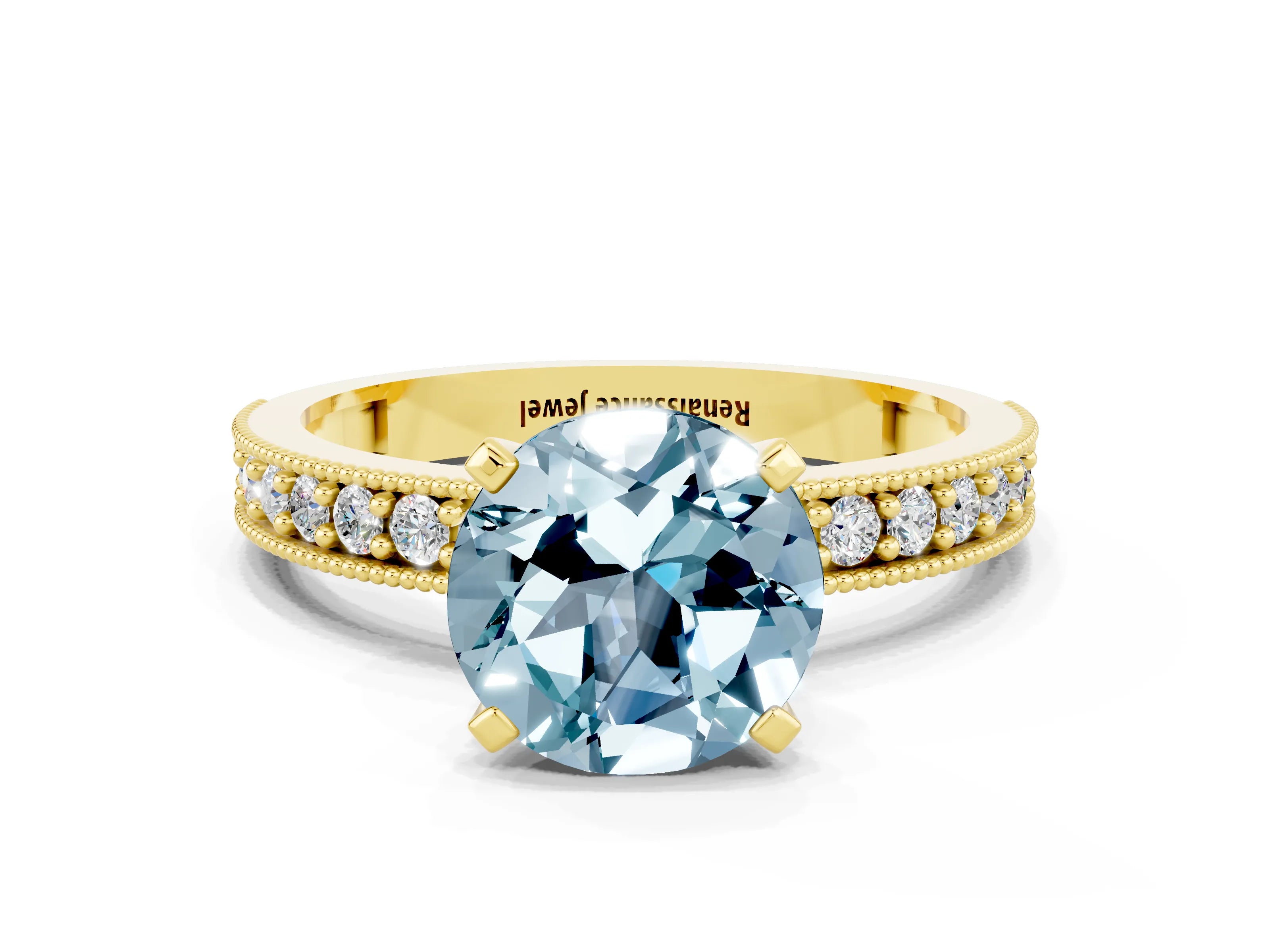 Yellow gold Round Cut Aquamarine Milgrain Pavé Engagement Ring with Four-Prong Setting