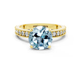 Yellow gold Round Cut Aquamarine Milgrain Pavé Engagement Ring with Four-Prong Setting