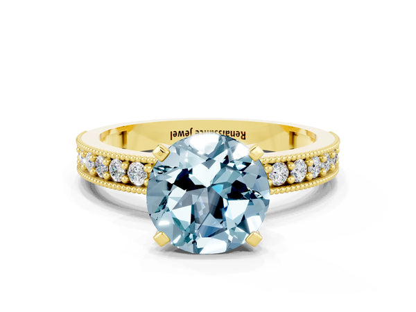 Yellow gold Round Cut Aquamarine Milgrain Pavé Engagement Ring with Four-Prong Setting