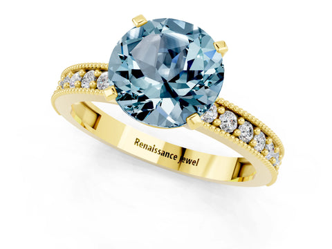 Yellow gold Round Cut Aquamarine Milgrain Pavé Engagement Ring with Four-Prong Setting_1