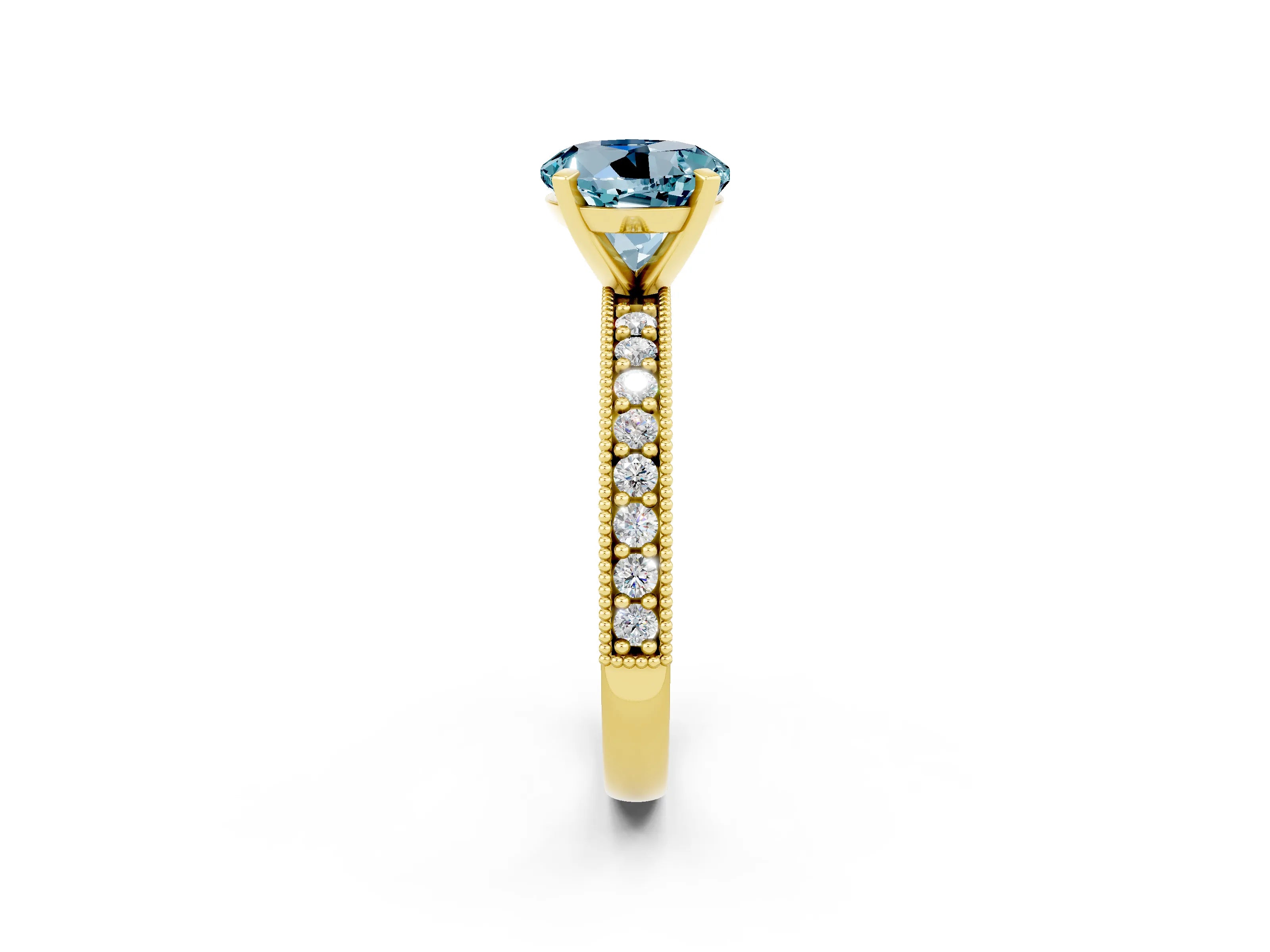 Yellow gold Round Cut Aquamarine Milgrain Pavé Engagement Ring with Four-Prong Setting_2