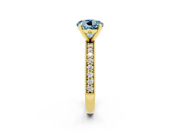 Yellow gold Round Cut Aquamarine Milgrain Pavé Engagement Ring with Four-Prong Setting