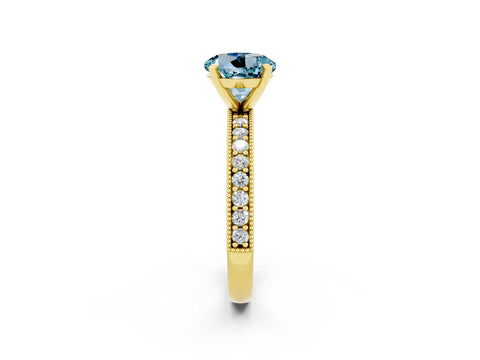 Yellow gold Round Cut Aquamarine Milgrain Pavé Engagement Ring with Four-Prong Setting_2