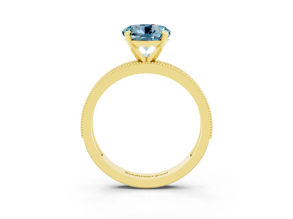Yellow gold Round Cut Aquamarine Milgrain Pavé Engagement Ring with Four-Prong Setting