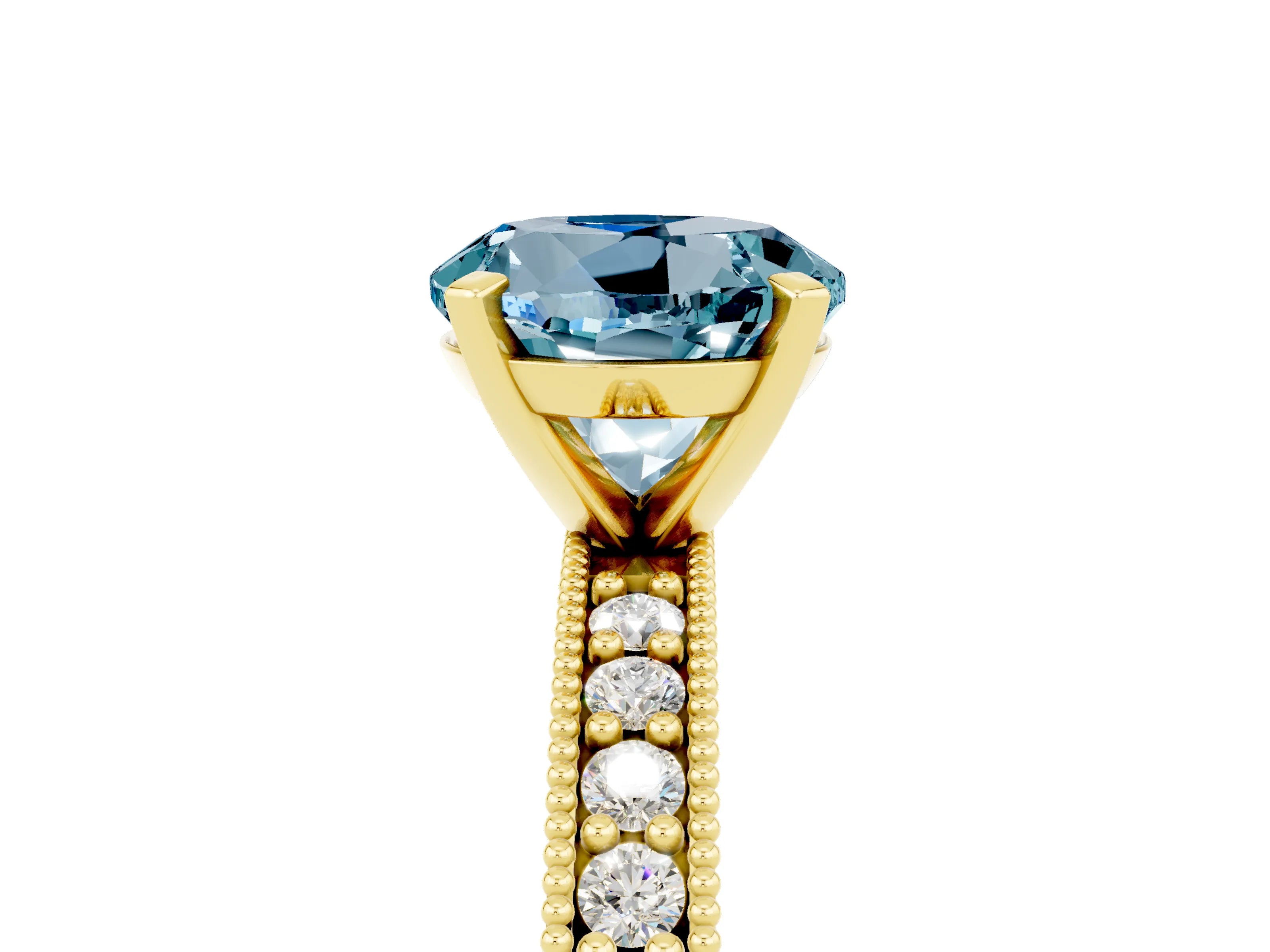 Yellow gold Round Cut Aquamarine Milgrain Pavé Engagement Ring with Four-Prong Setting_5