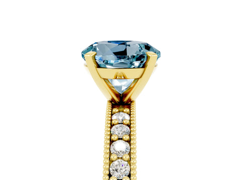 Yellow gold Round Cut Aquamarine Milgrain Pavé Engagement Ring with Four-Prong Setting_5
