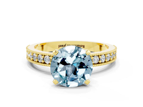 Yellow gold Round Cut Aquamarine Milgrain Pavé Engagement Ring with Four-Prong Setting