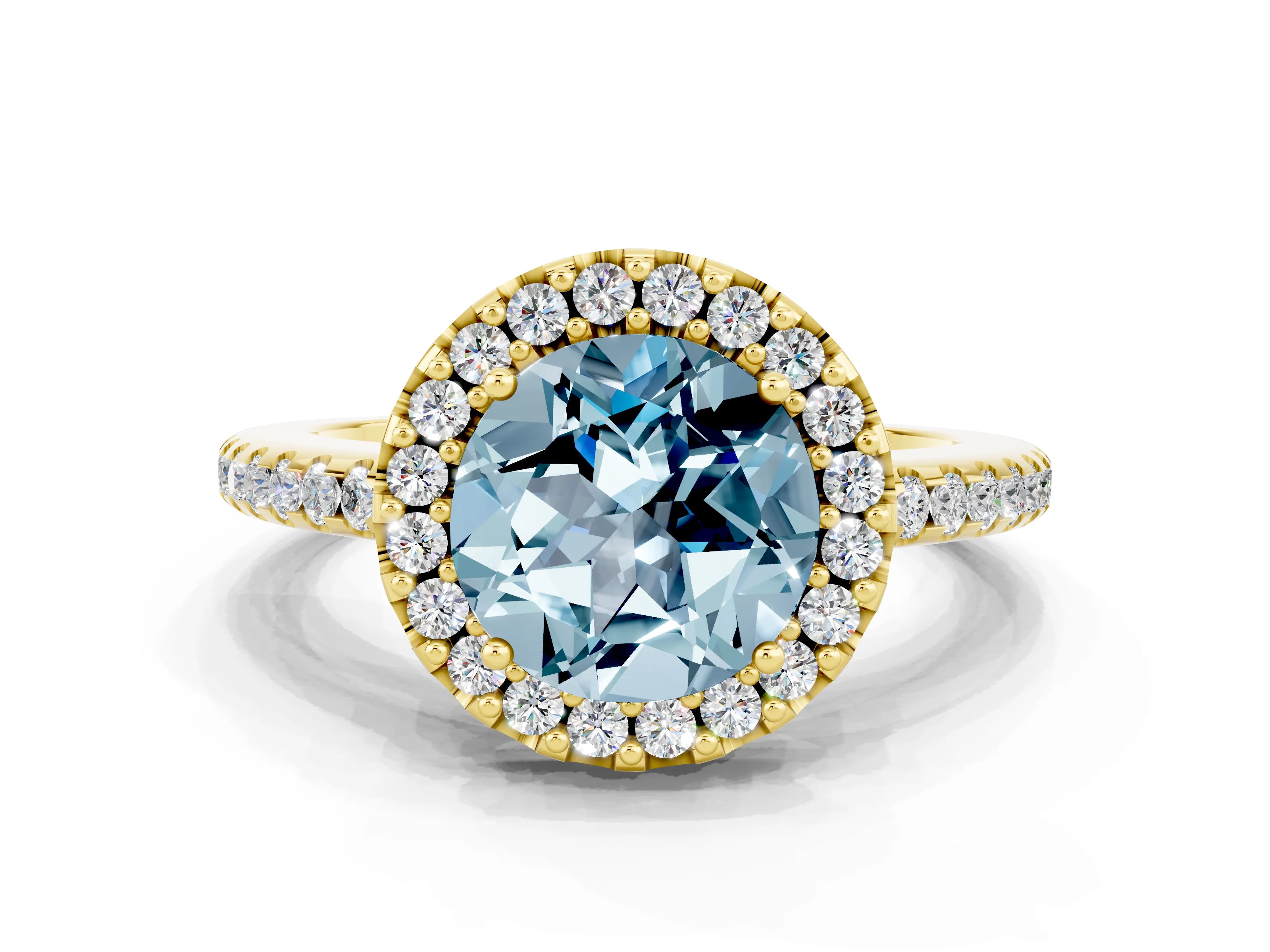 Yellow gold Round Cut Aquamarine Pavé Halo Ring with Four-Prong Setting_12