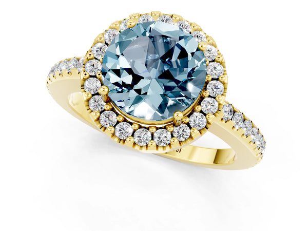 Yellow gold Round Cut Aquamarine Pavé Halo Ring with Four-Prong Setting
