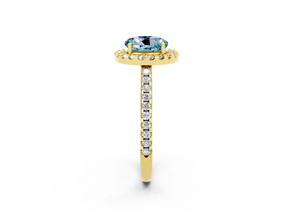 Yellow gold Round Cut Aquamarine Pavé Halo Ring with Four-Prong Setting