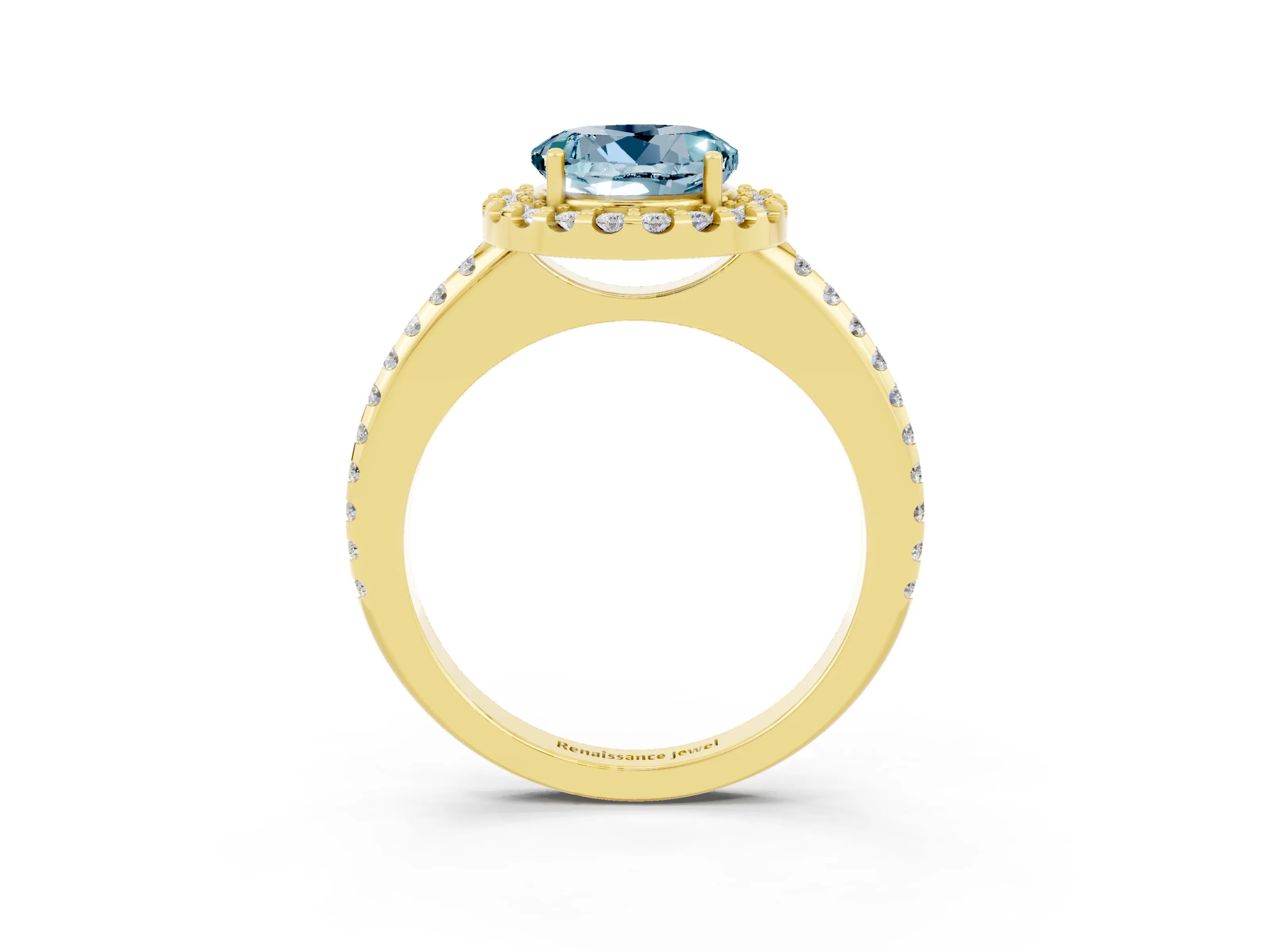Yellow gold Round Cut Aquamarine Pavé Halo Ring with Four-Prong Setting_15