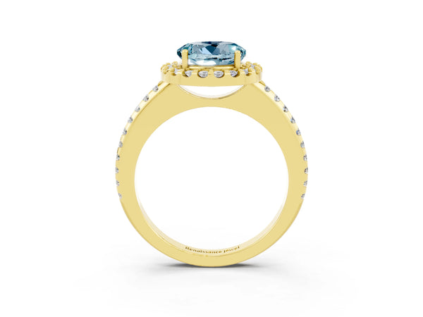 Yellow gold Round Cut Aquamarine Pavé Halo Ring with Four-Prong Setting