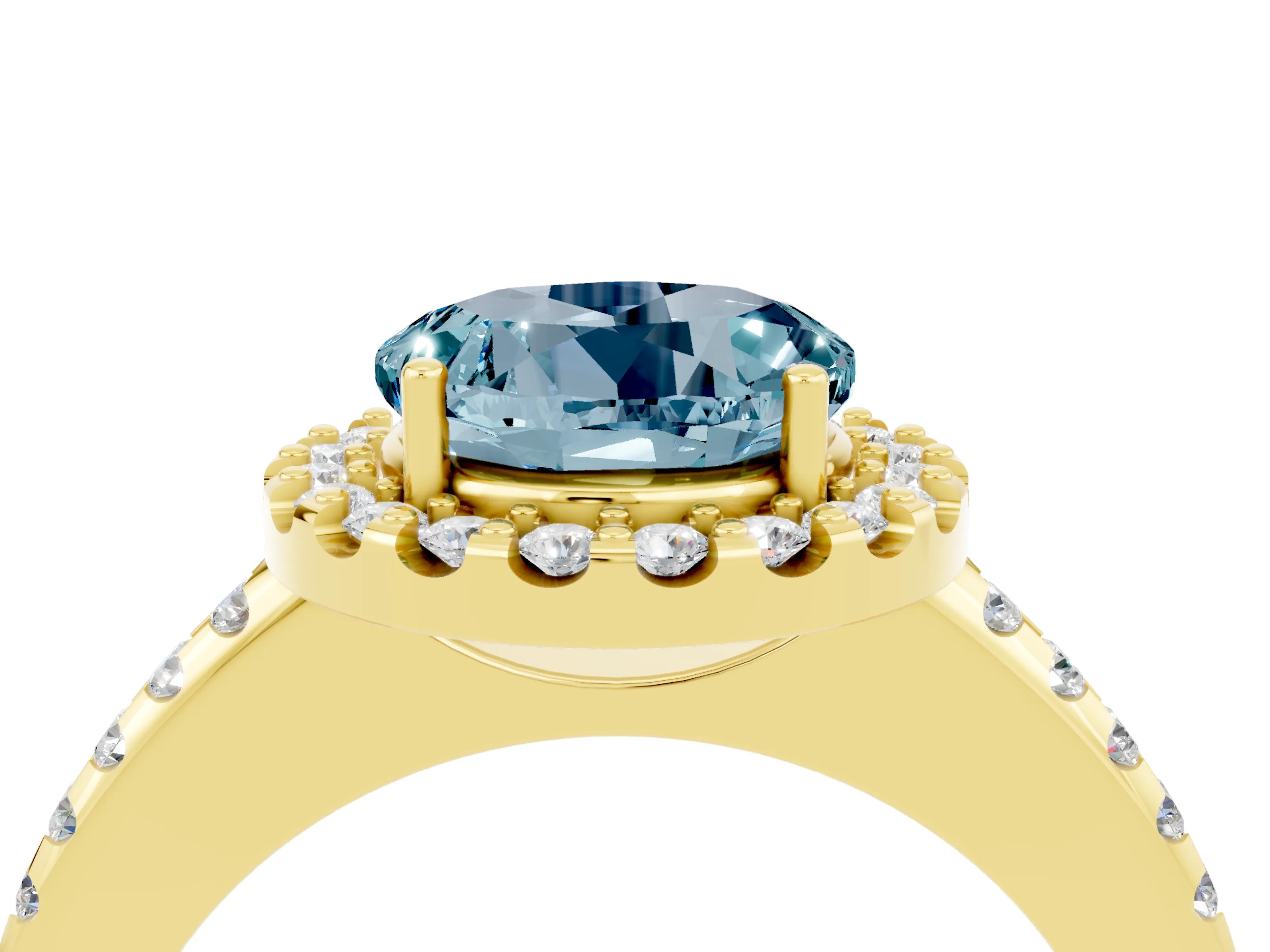 Yellow gold Round Cut Aquamarine Pavé Halo Ring with Four-Prong Setting_16