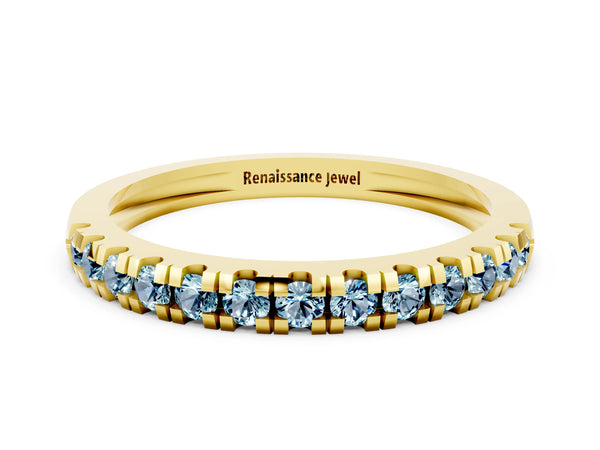 Yellow Gold Round Aquamarine Thin Pave Half Eternity Wedding Band