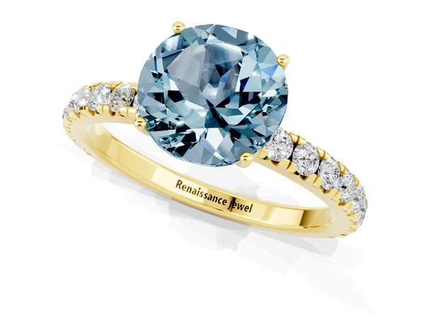 Yellow gold Round Cut Aquamarine Pavé Solitaire Engagement Ring with Four-Prong Setting