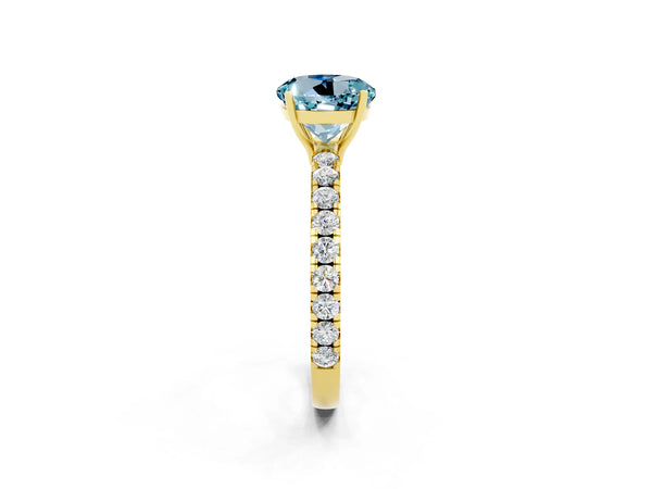 Yellow gold Round Cut Aquamarine Pavé Solitaire Engagement Ring with Four-Prong Setting