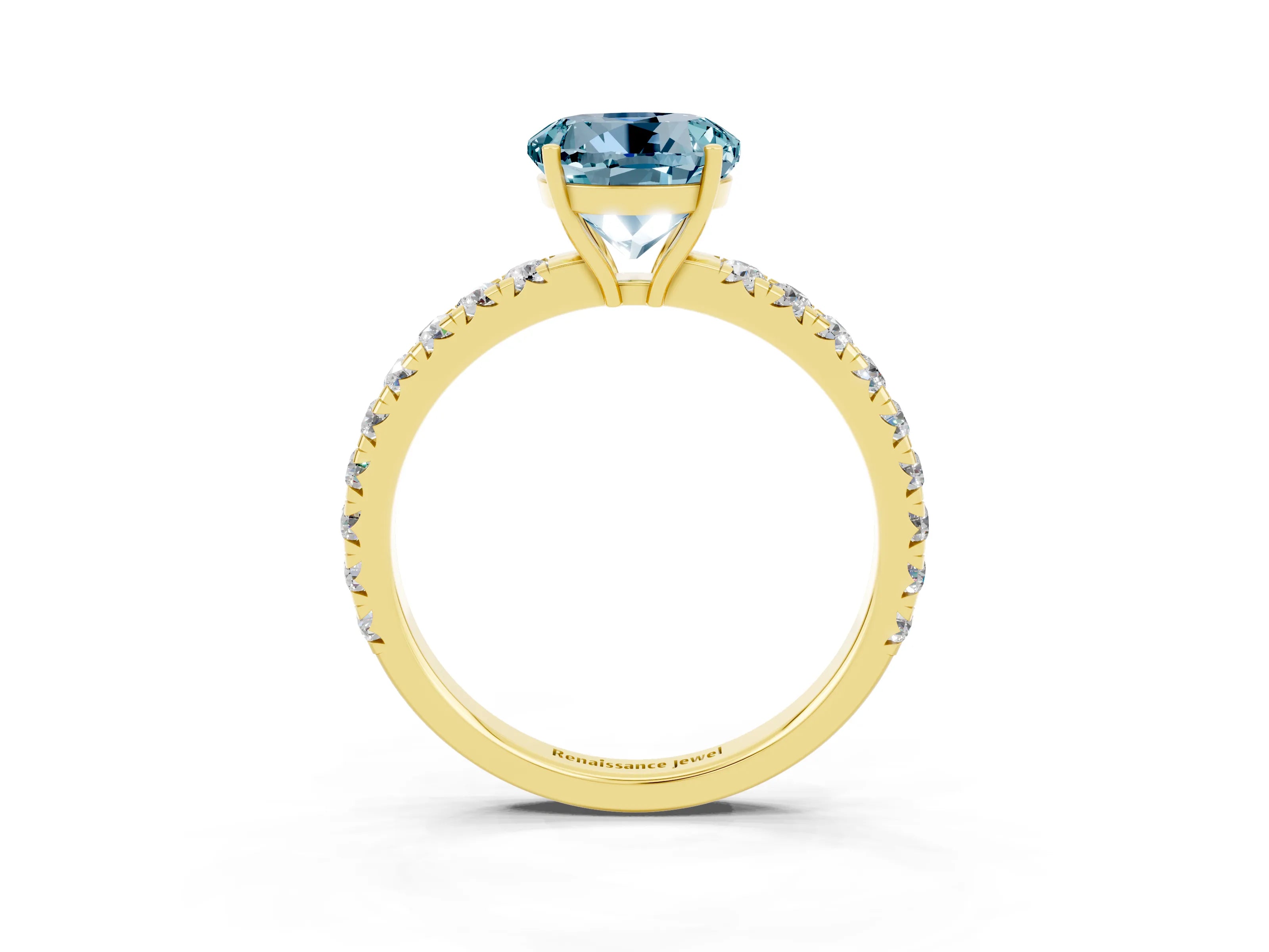 Yellow gold Round Cut Aquamarine Pavé Solitaire Engagement Ring with Four-Prong Setting_15