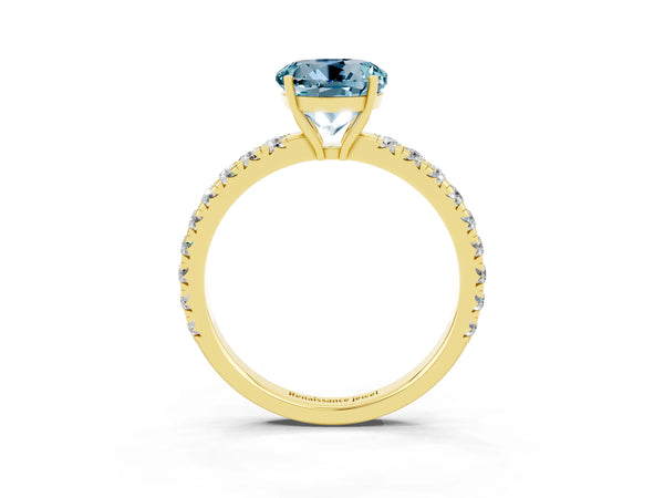 Yellow gold Round Cut Aquamarine Pavé Solitaire Engagement Ring with Four-Prong Setting