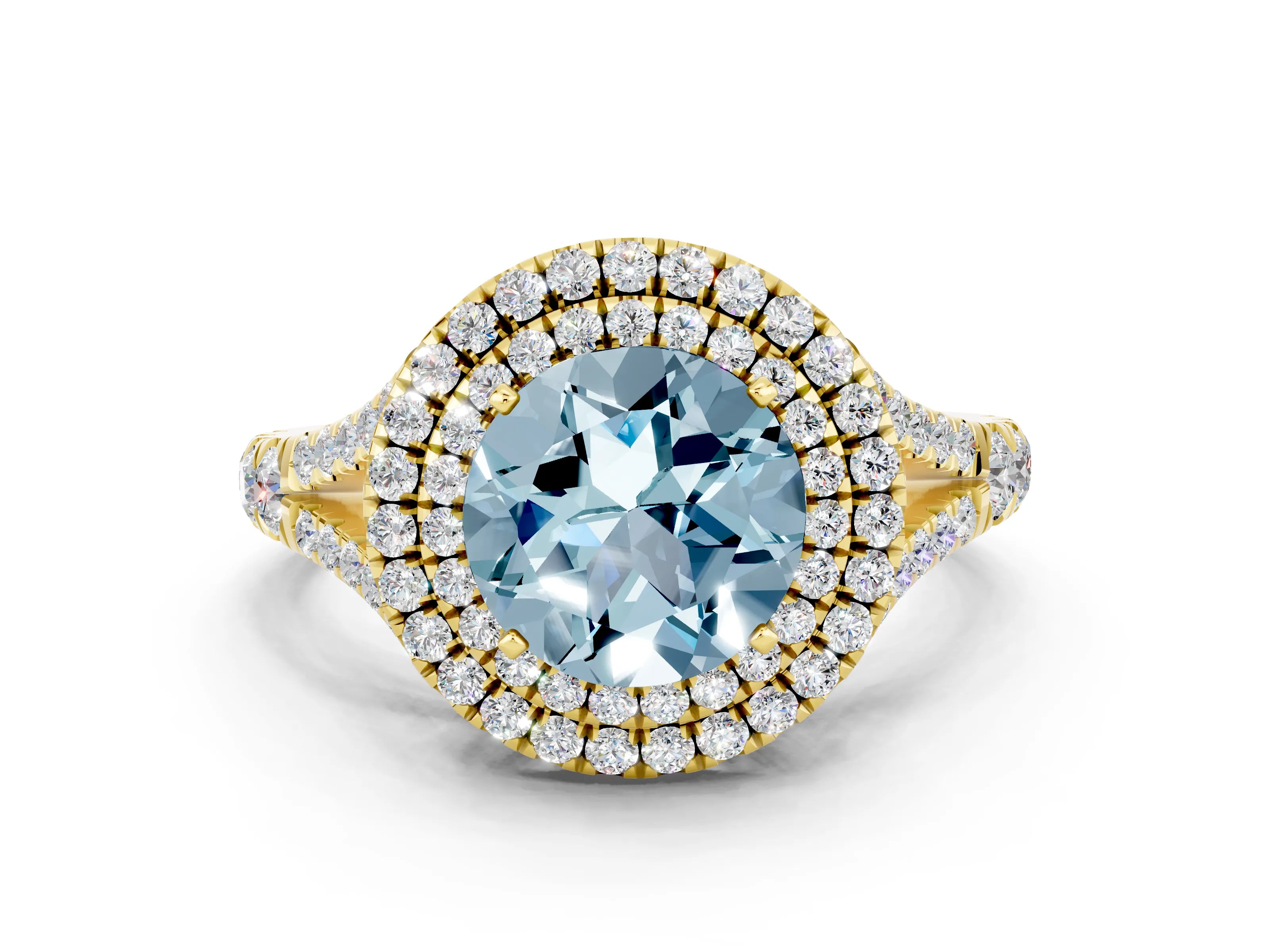 Yellow gold Round Cut Aquamarine Pavé Split Shank Double Halo Engagement Ring