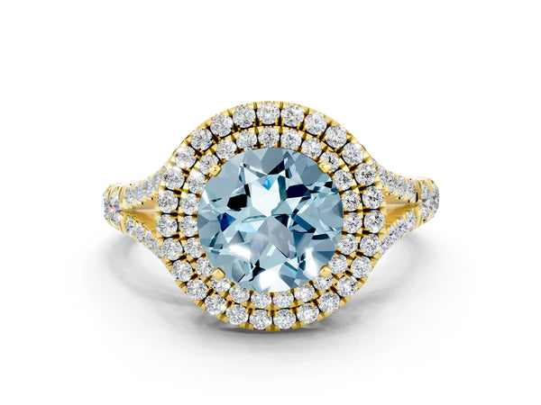 Yellow gold Round Cut Aquamarine Pavé Split Shank Double Halo Engagement Ring