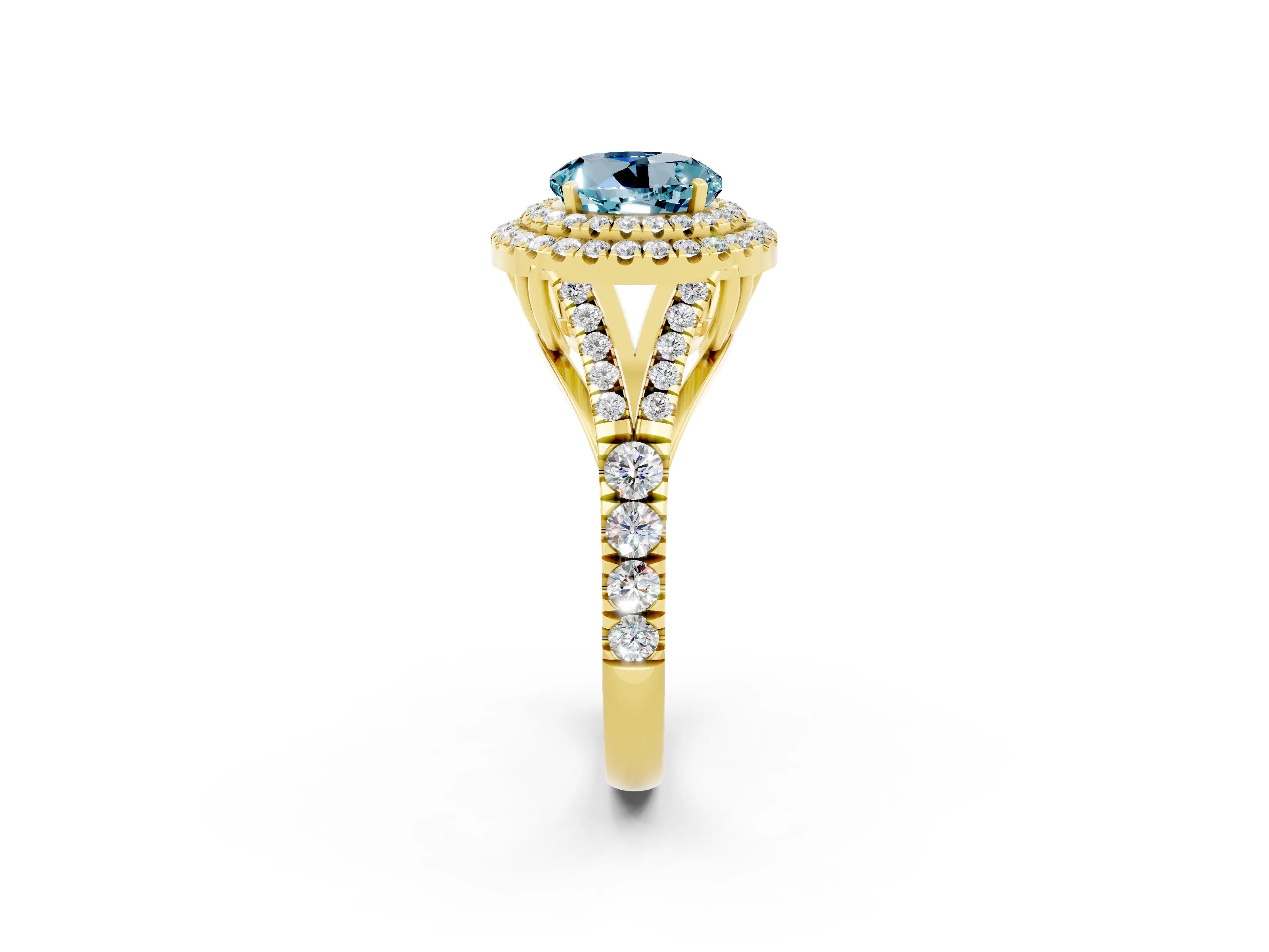 Yellow gold Round Cut Aquamarine Pavé Split Shank Double Halo Engagement Ring_2