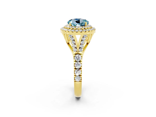 Yellow gold Round Cut Aquamarine Pavé Split Shank Double Halo Engagement Ring