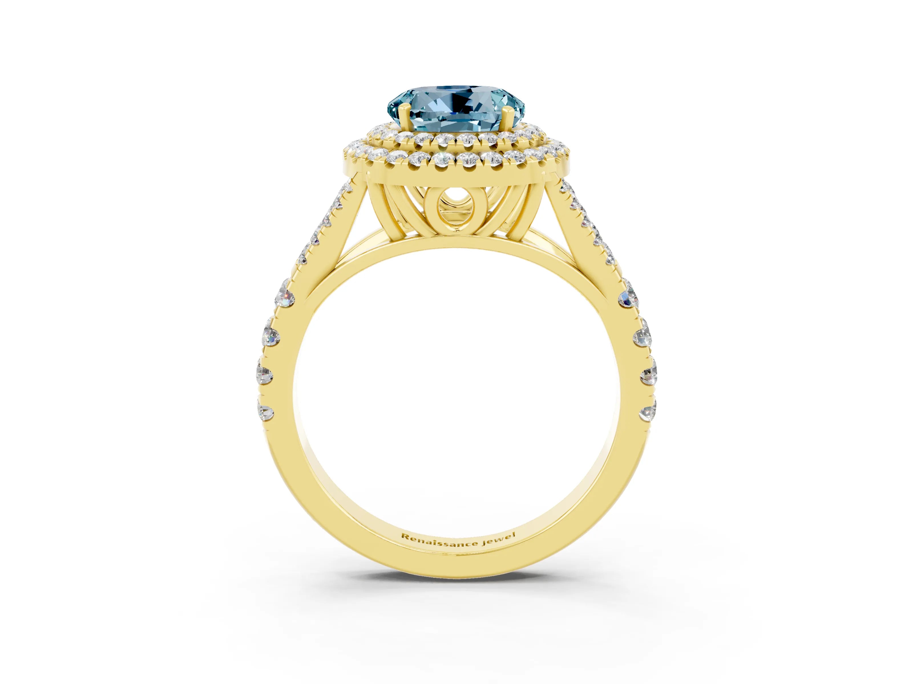 Yellow gold Round Cut Aquamarine Pavé Split Shank Double Halo Engagement Ring_3