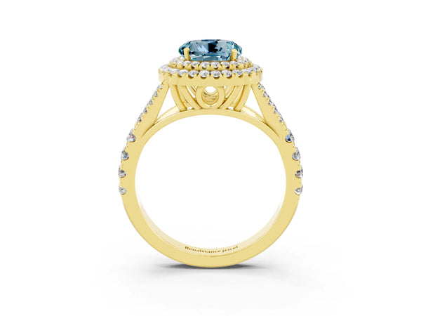 Yellow gold Round Cut Aquamarine Pavé Split Shank Double Halo Engagement Ring