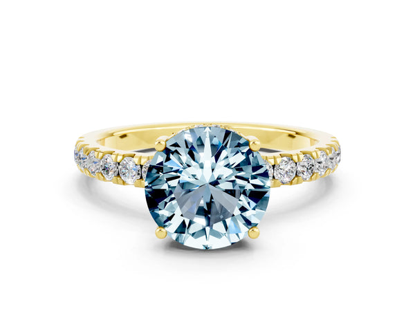 Yellow gold Round Cut Aquamarine Pave Band Solitaire Ring with Round  and Prong Setting