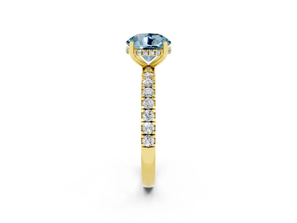 Yellow gold Round Cut Aquamarine Pave Band Solitaire Ring with Round  and Prong Setting