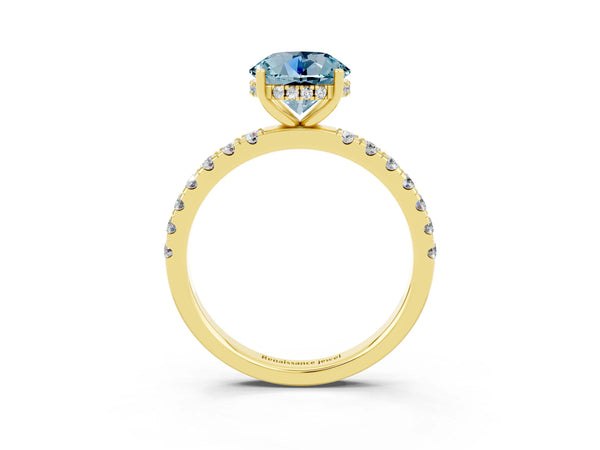 Yellow gold Round Cut Aquamarine Pave Band Solitaire Ring with Round  and Prong Setting