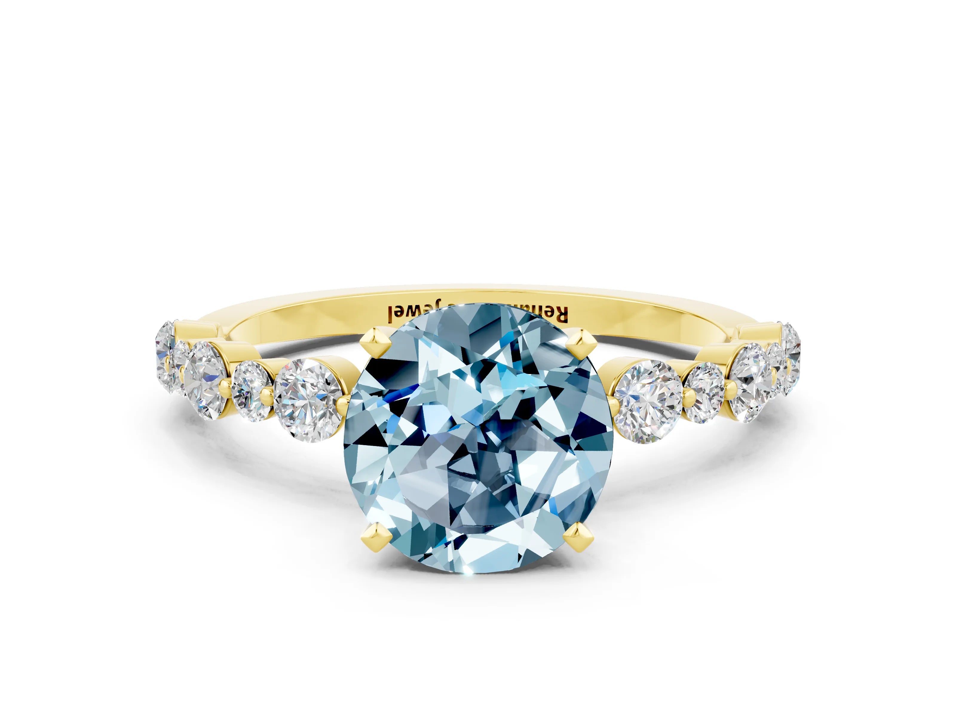 Yellow gold Round Cut Aquamarine Prong Set Engagement Ring with Pavé Band