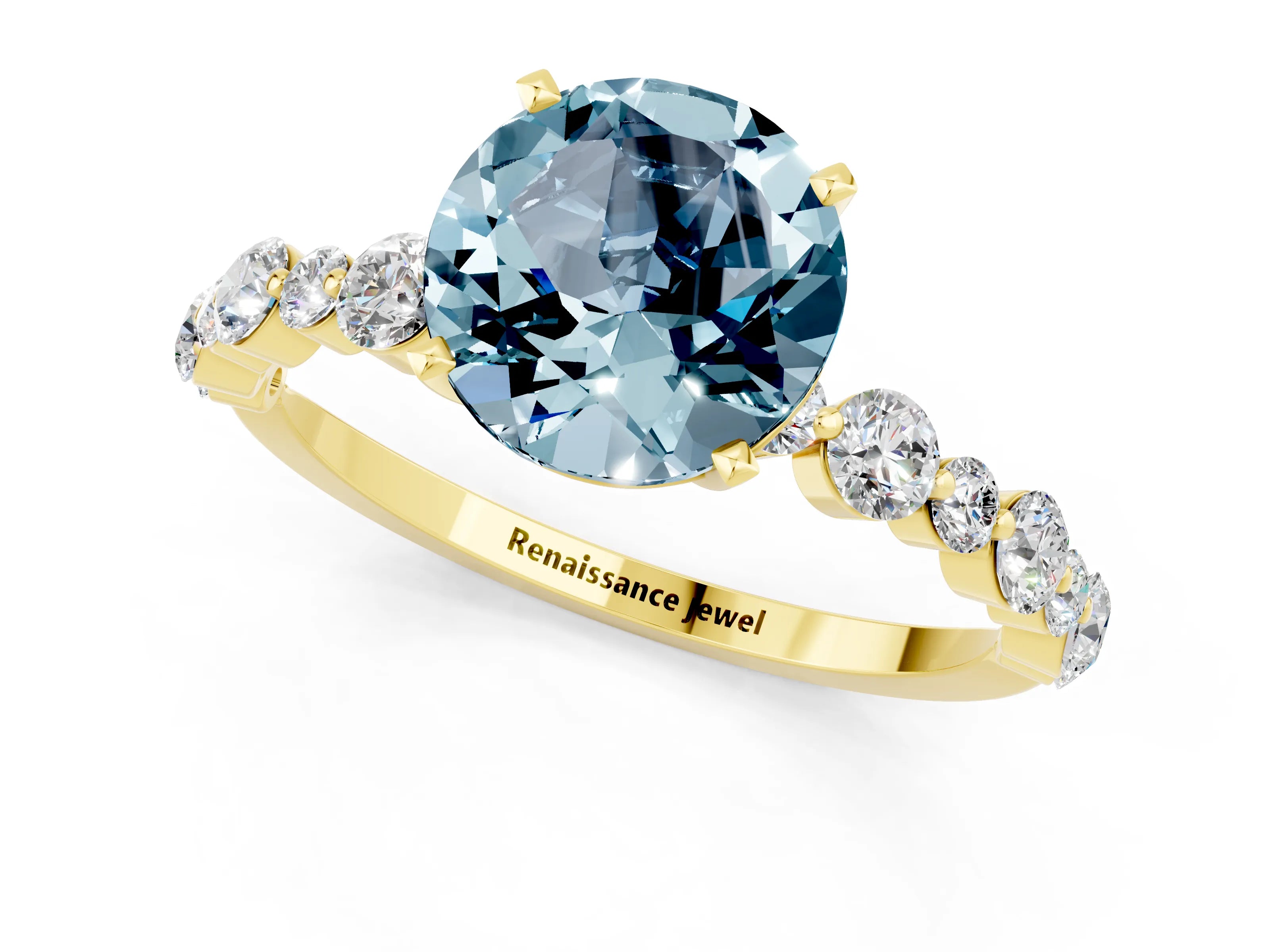Yellow gold Round Cut Aquamarine Prong Set Engagement Ring with Pavé Band_1