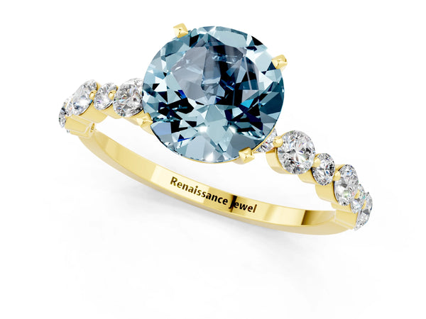 Yellow gold Round Cut Aquamarine Prong Set Engagement Ring with Pavé Band