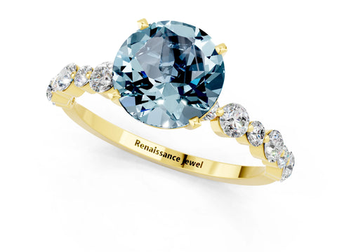 Yellow gold Round Cut Aquamarine Prong Set Engagement Ring with Pavé Band_1
