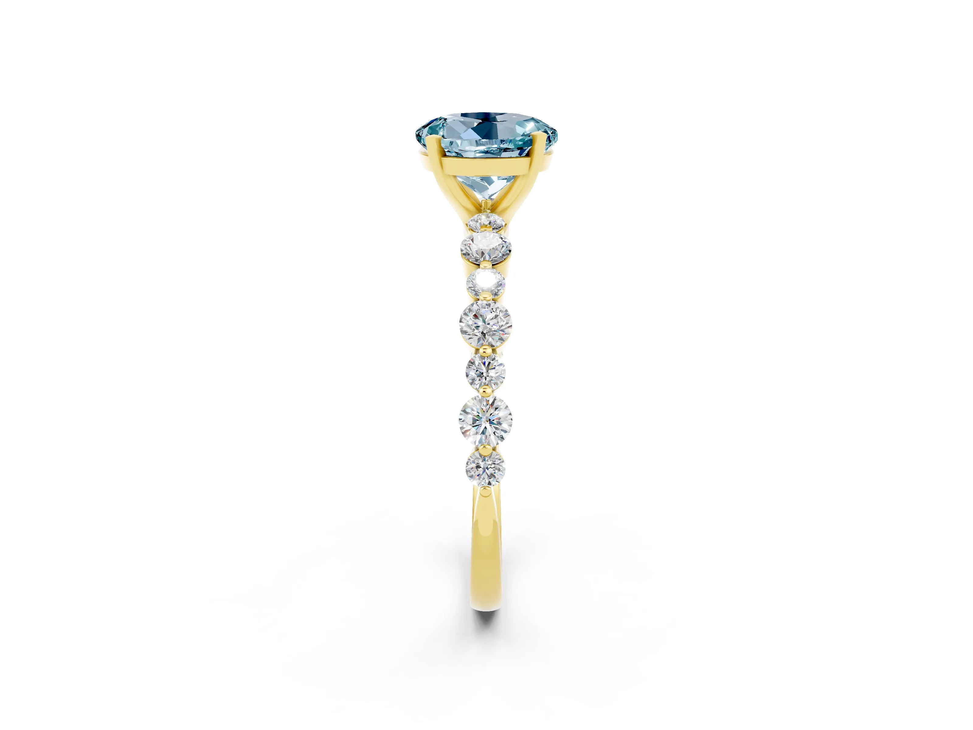 Yellow gold Round Cut Aquamarine Prong Set Engagement Ring with Pavé Band_2