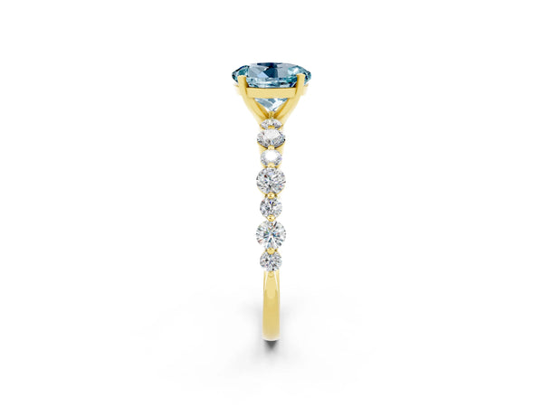 Yellow gold Round Cut Aquamarine Prong Set Engagement Ring with Pavé Band