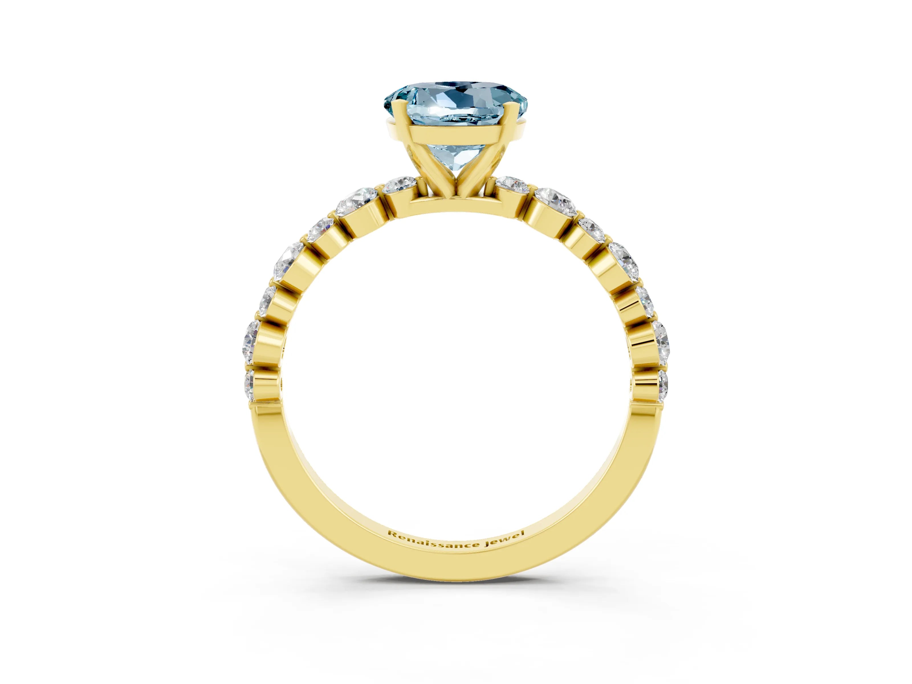 Yellow gold Round Cut Aquamarine Prong Set Engagement Ring with Pavé Band_3