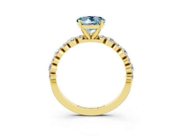 Yellow gold Round Cut Aquamarine Prong Set Engagement Ring with Pavé Band
