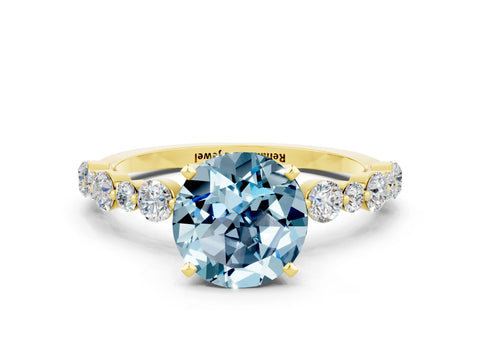Yellow gold Round Cut Aquamarine Prong Set Engagement Ring with Pavé Band