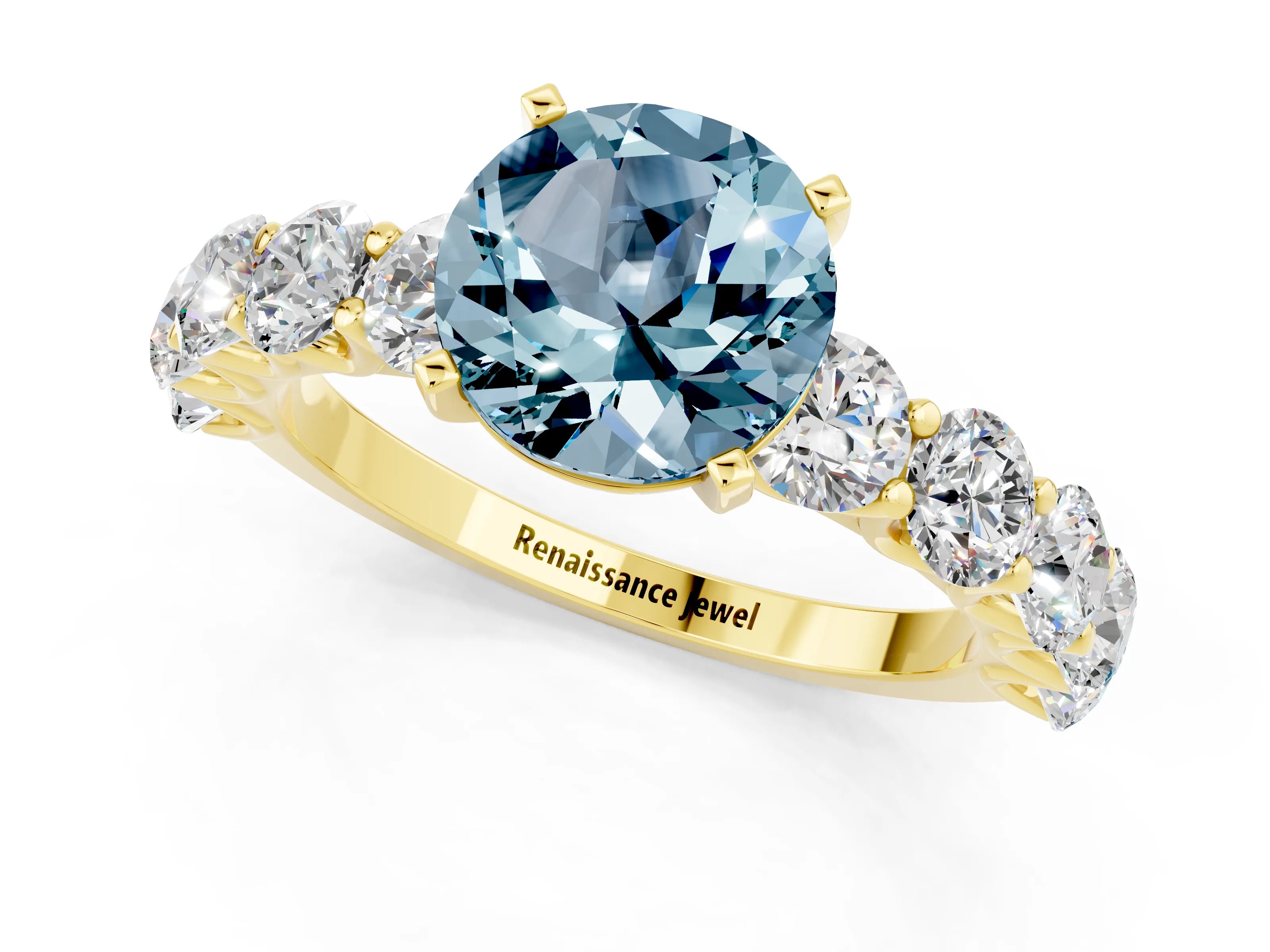 Yellow gold Round Cut Aquamarine Prong Setting with Side Stones on a Pave Band_1